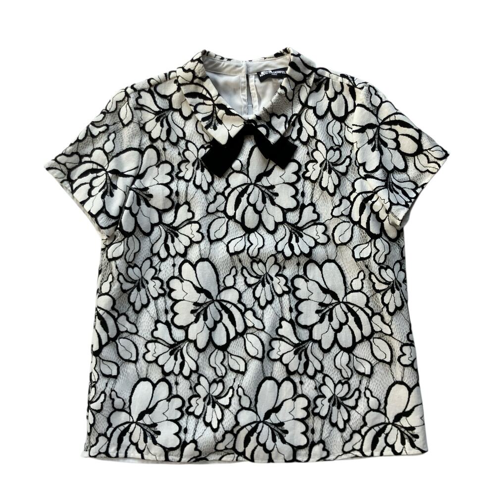 Karl Lagerfeld Paris Floral Lace Bow Collar Top Size 12 Black White